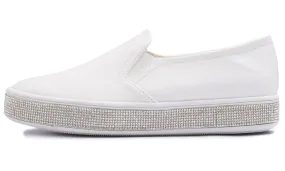 Feversole Women's Fashion Slip-On Sneaker Casual Platform Loafers White Silver Rhinestone Shoes