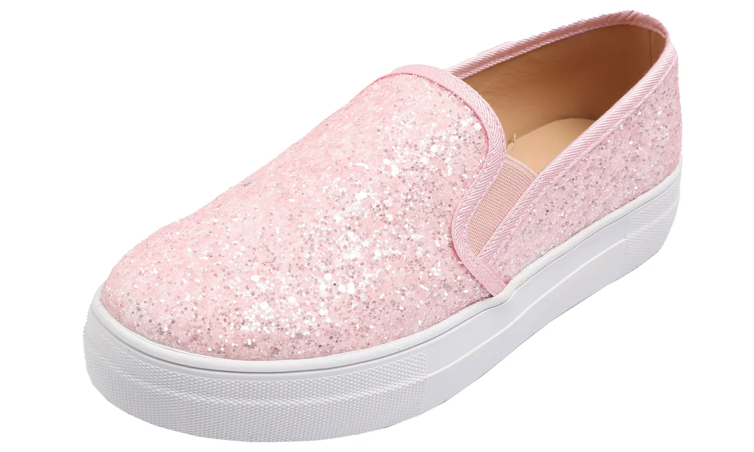 Feversole Women's Glitter Baby Pink Platform Slip On Sneaker Casual Flat Loafers