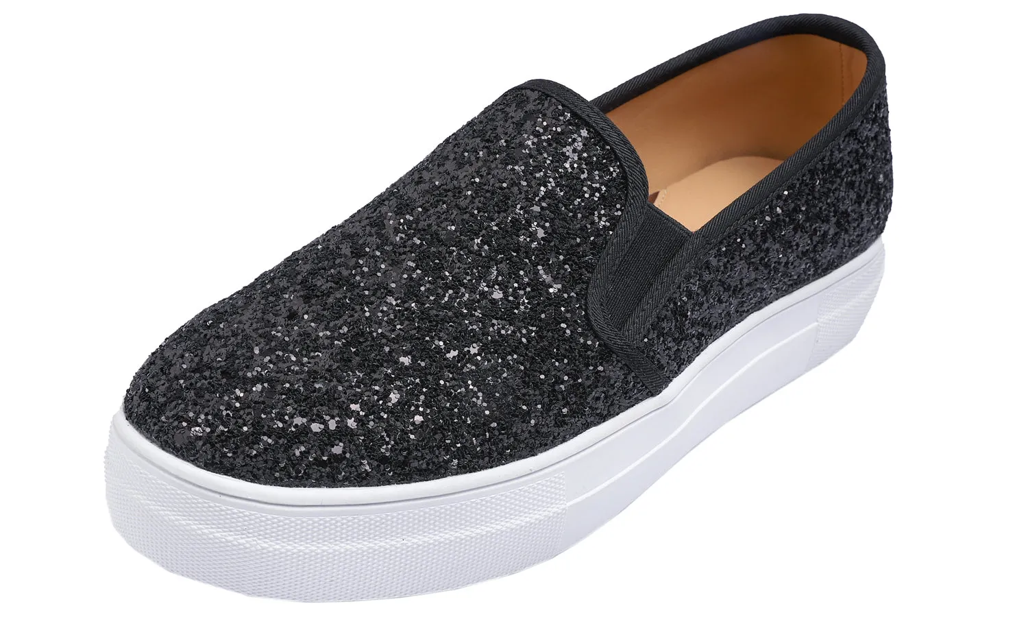 Feversole Women's Glitter Black Platform Slip On Sneaker Casual Flat Loafers