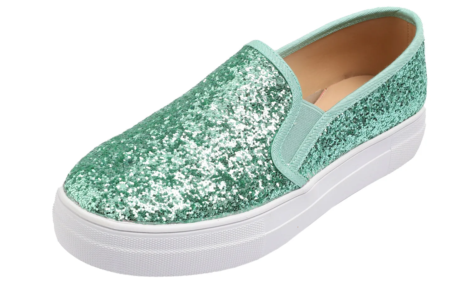 Feversole Women's Glitter Jade Green Platform Slip On Sneaker Casual Flat Loafers