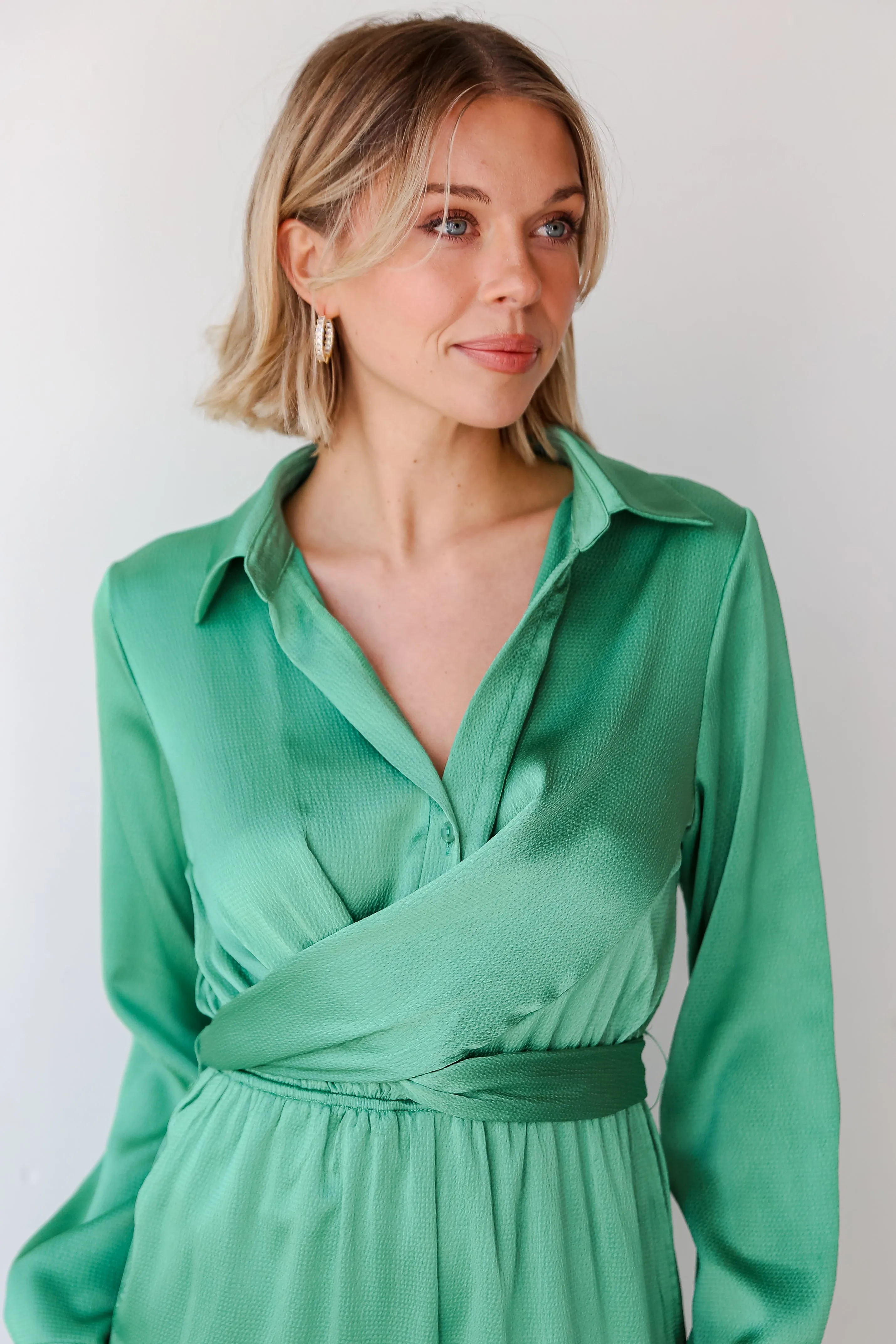 FINAL SALE - Irresistibly Chic Green Satin Jumpsuit