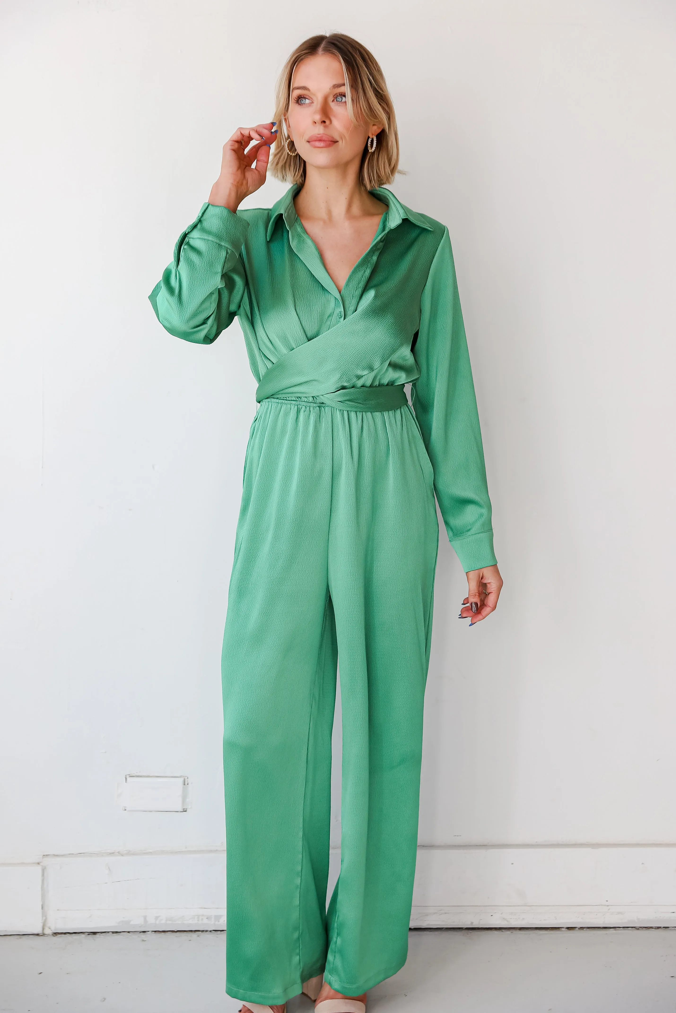 FINAL SALE - Irresistibly Chic Green Satin Jumpsuit