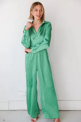 FINAL SALE - Irresistibly Chic Green Satin Jumpsuit