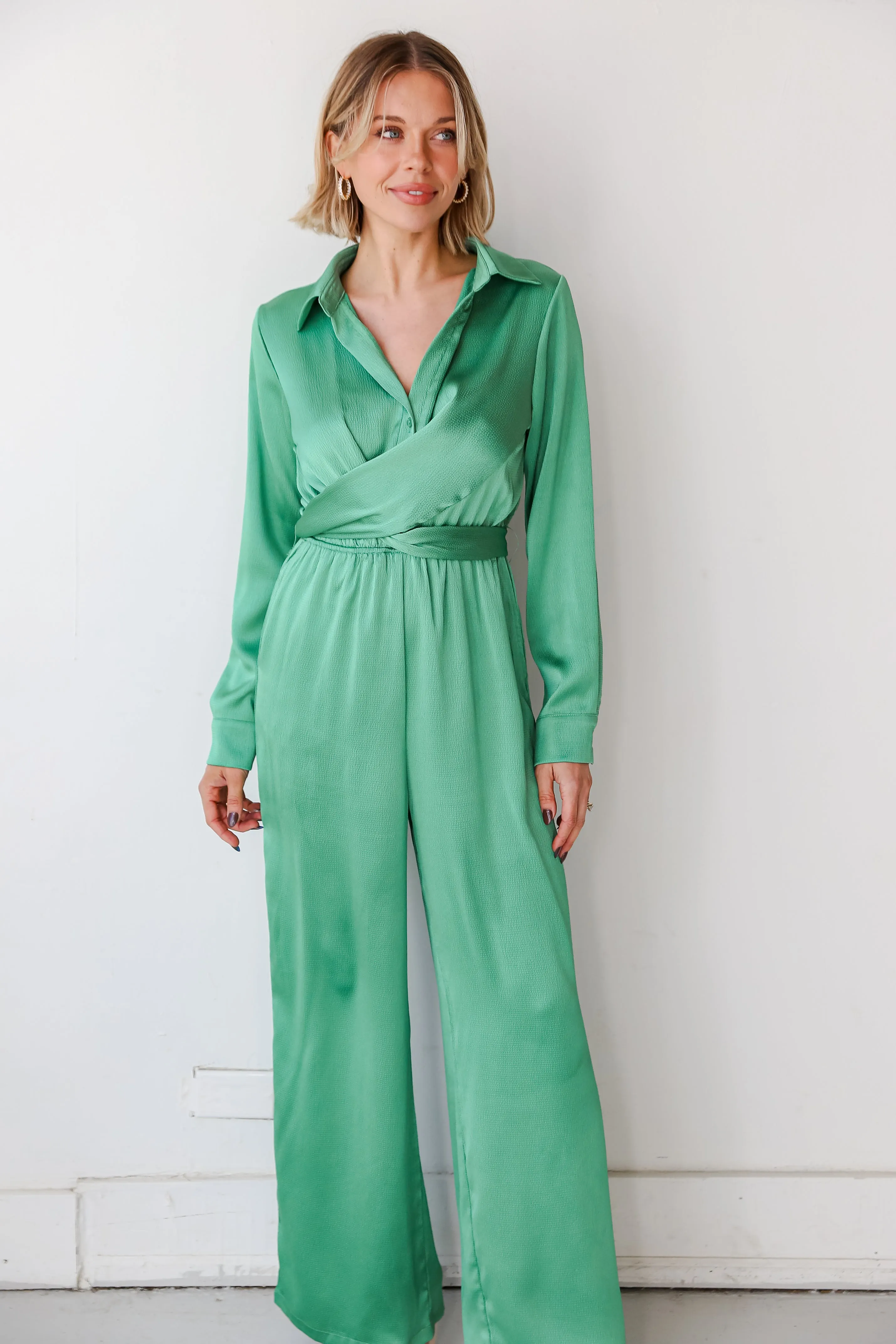 FINAL SALE - Irresistibly Chic Green Satin Jumpsuit