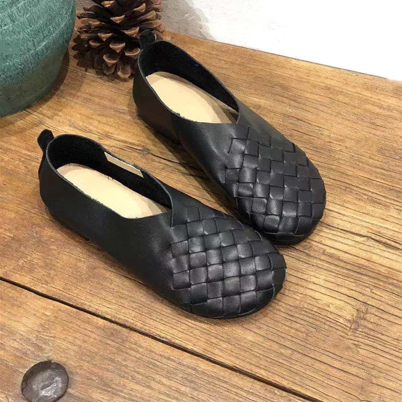 Genuine Leather Retro Round Toe Flat Soft Cowhide Woven Women's Shoes