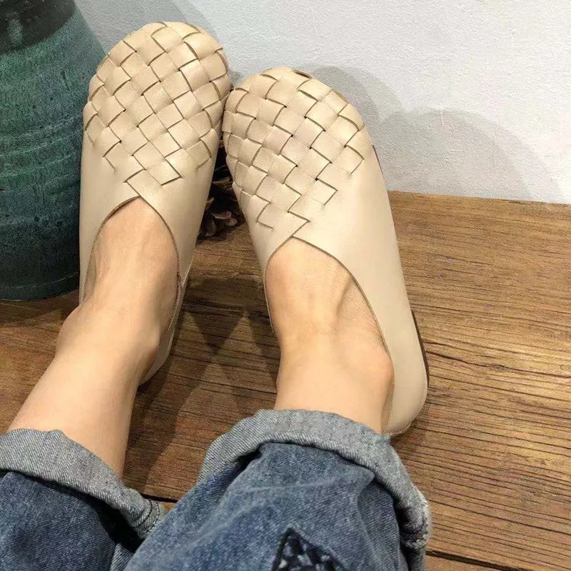 Genuine Leather Retro Round Toe Flat Soft Cowhide Woven Women's Shoes