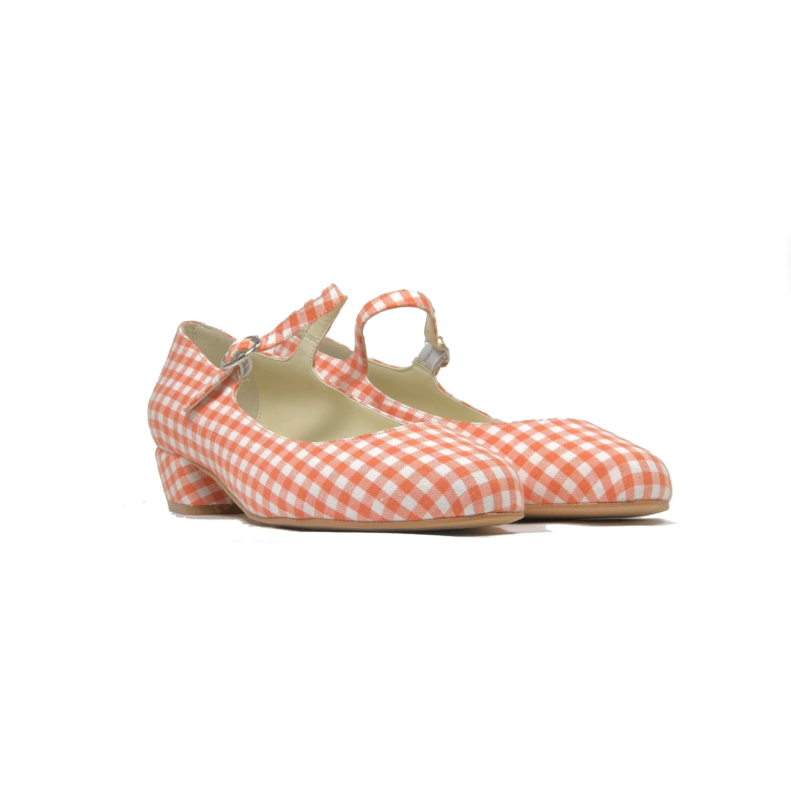 'Gracie' Mary-Jane tangerine gingham textile Low-Heels  by Zette Shoes