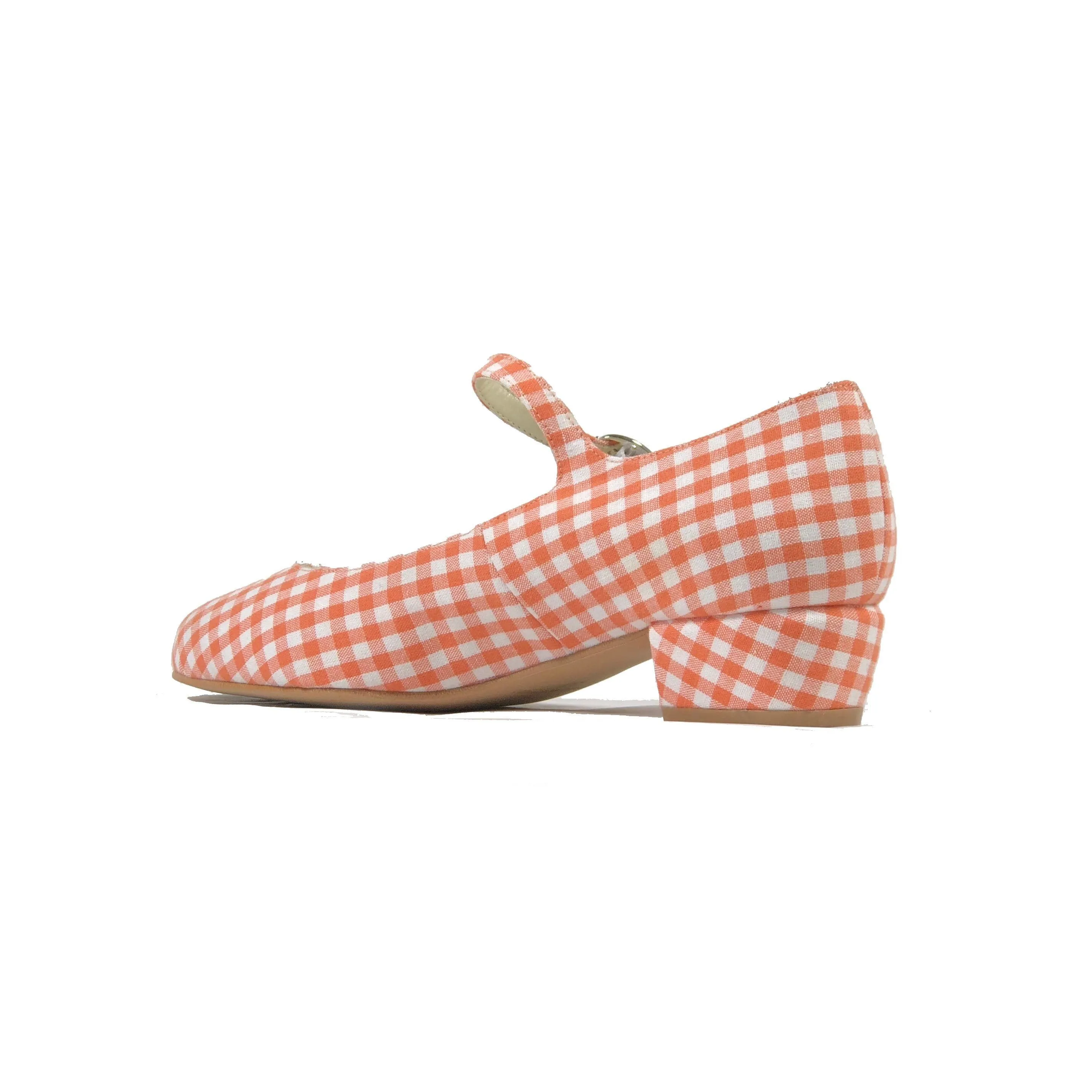 'Gracie' Mary-Jane tangerine gingham textile Low-Heels  by Zette Shoes