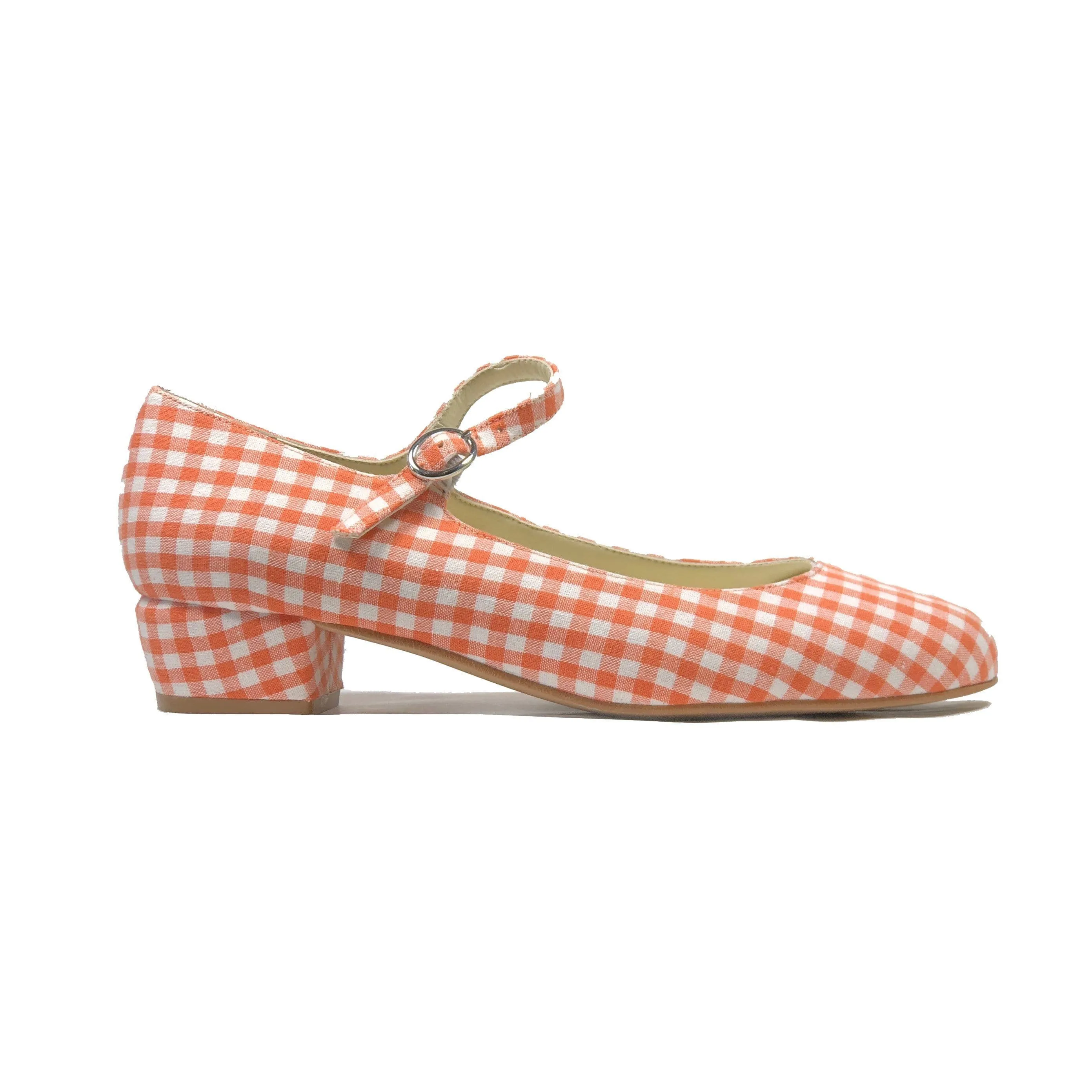 'Gracie' Mary-Jane tangerine gingham textile Low-Heels  by Zette Shoes