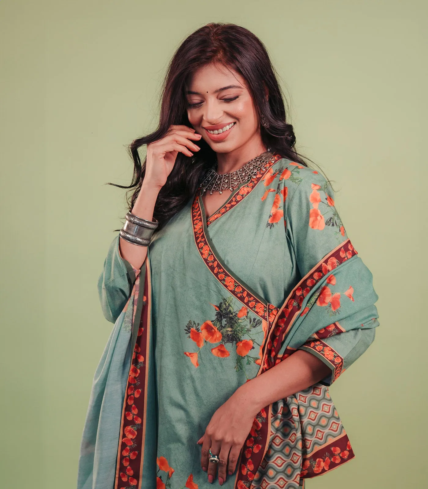 Green Anghrakha Printend Cotton Set with Dupatta