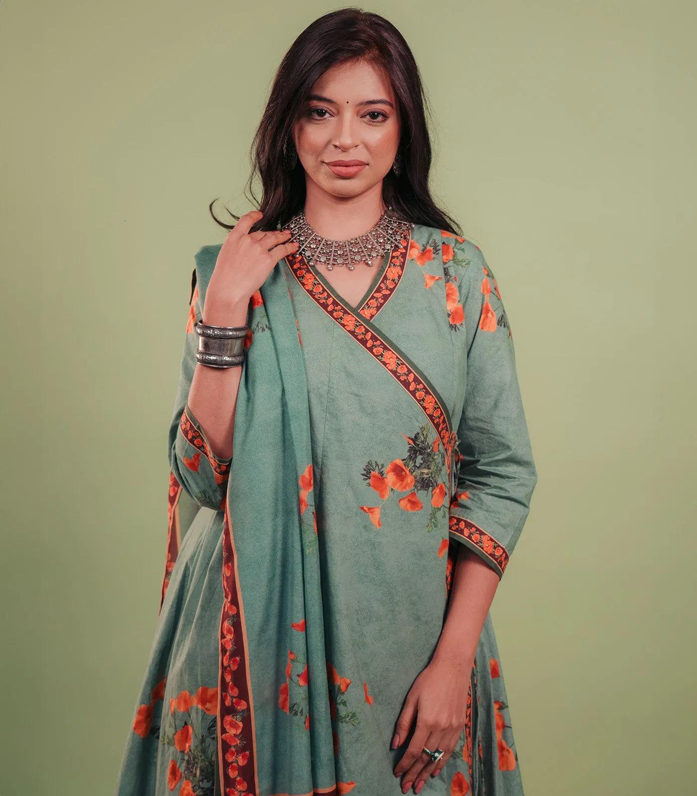 Green Anghrakha Printend Cotton Set with Dupatta