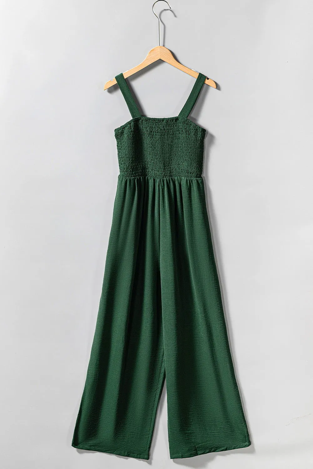 Green Casual Smocked Pocketed Wide Leg Jumpsuit