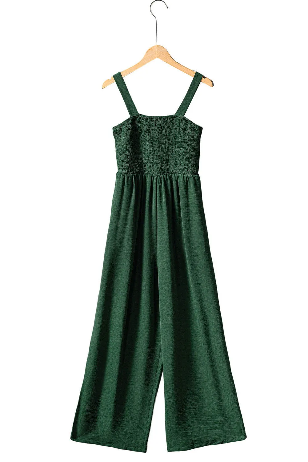 Green Casual Smocked Pocketed Wide Leg Jumpsuit