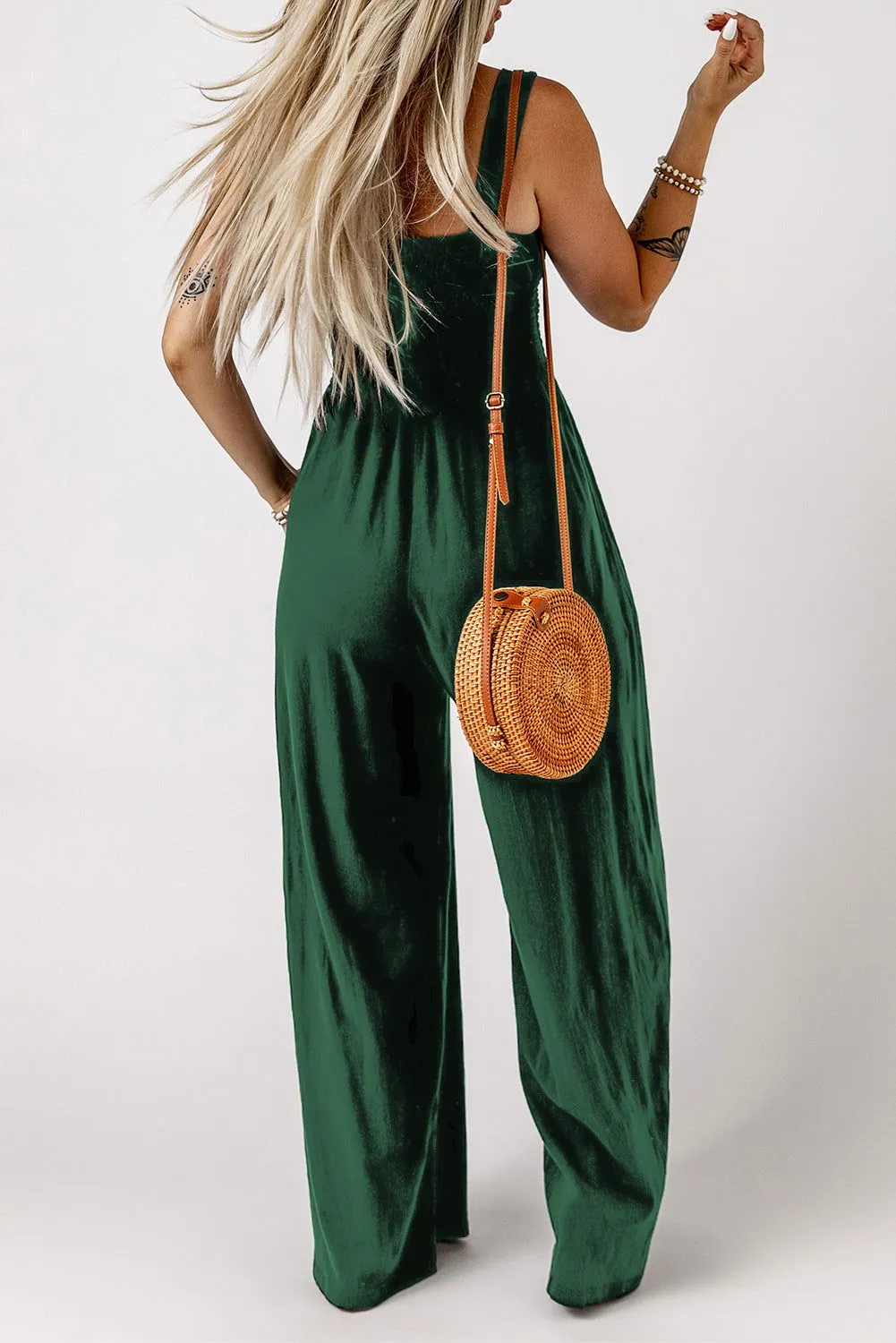 Green Casual Smocked Pocketed Wide Leg Jumpsuit