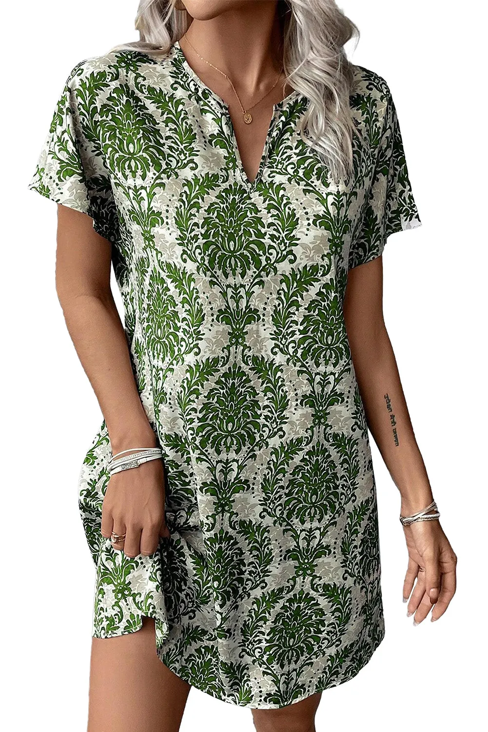 Green Floral Print V Neck Short Dolman Sleeve Mini Dress