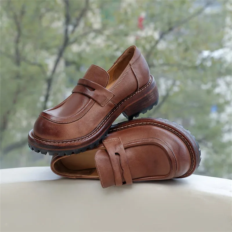 Handmade Womens Genuine Leather Penny Loafers Coffee/Brown