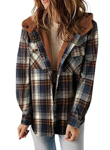 iForgirls Plaid Shacket Jacket Long Sleeve Button Down Fleece Hooded Jackets Warm Coat