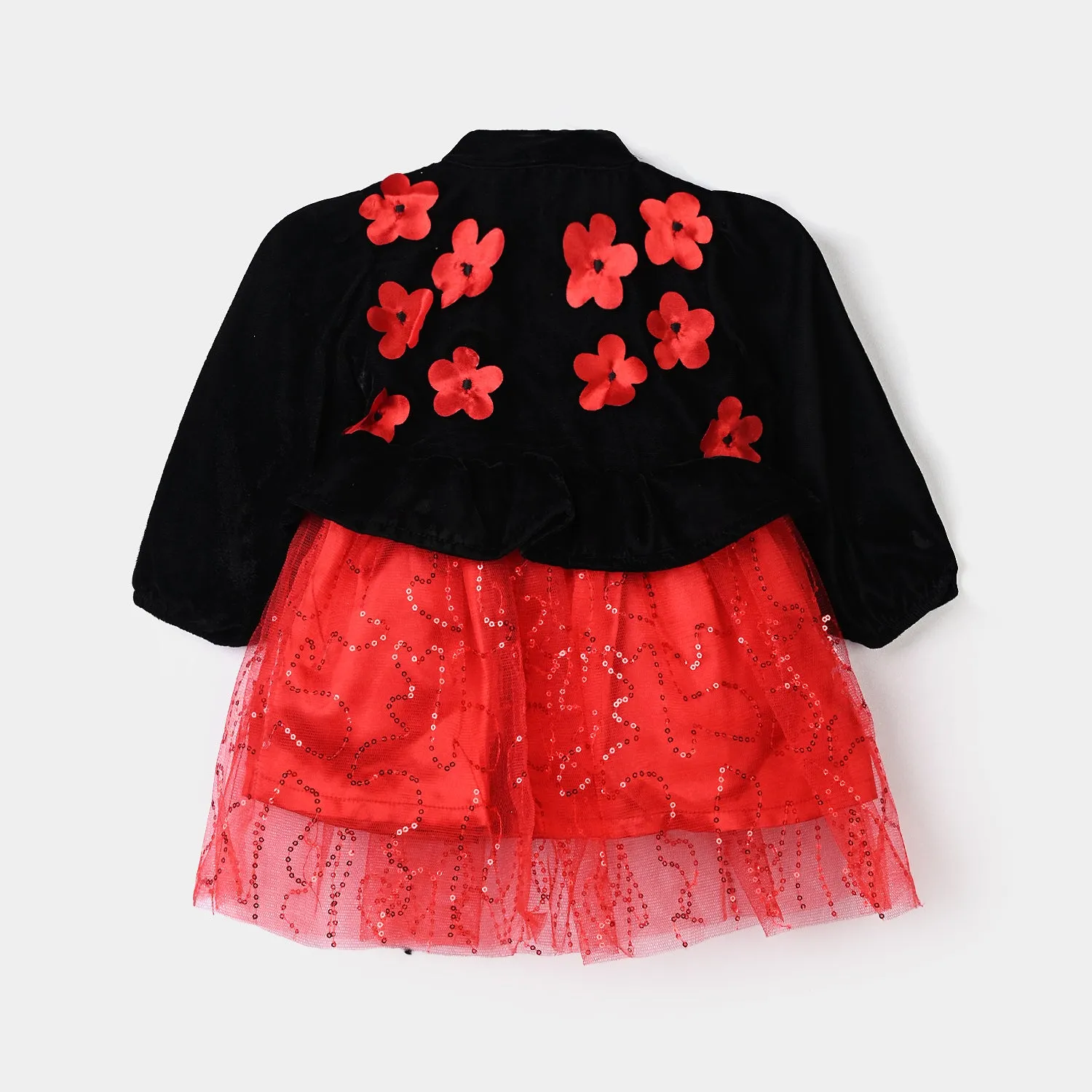 Infant Girls Velvet & Net Fancy Frock Sequence-B.Red