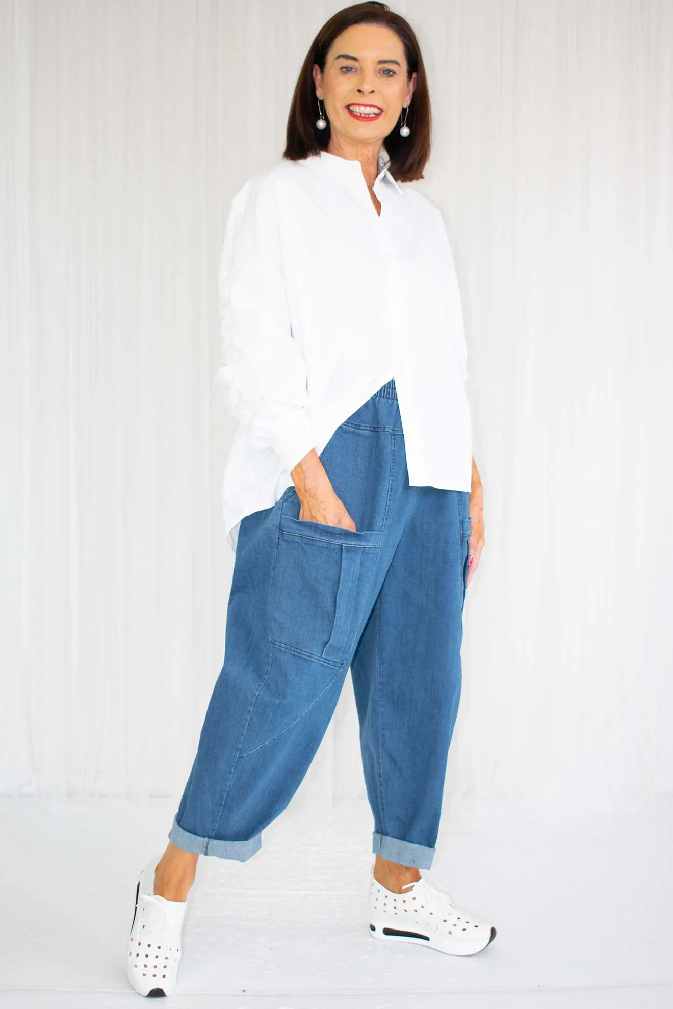 Jessica Cocoon Style Denim Trousers in Washed Blue Denim