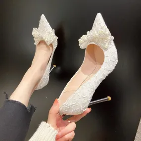 Joskaa Sexy Stiletto Heels Wedding Pumps Women Designer Luxury Pearl Bowknot Thin High Heels Pointed Toe Party   Shoes Woman