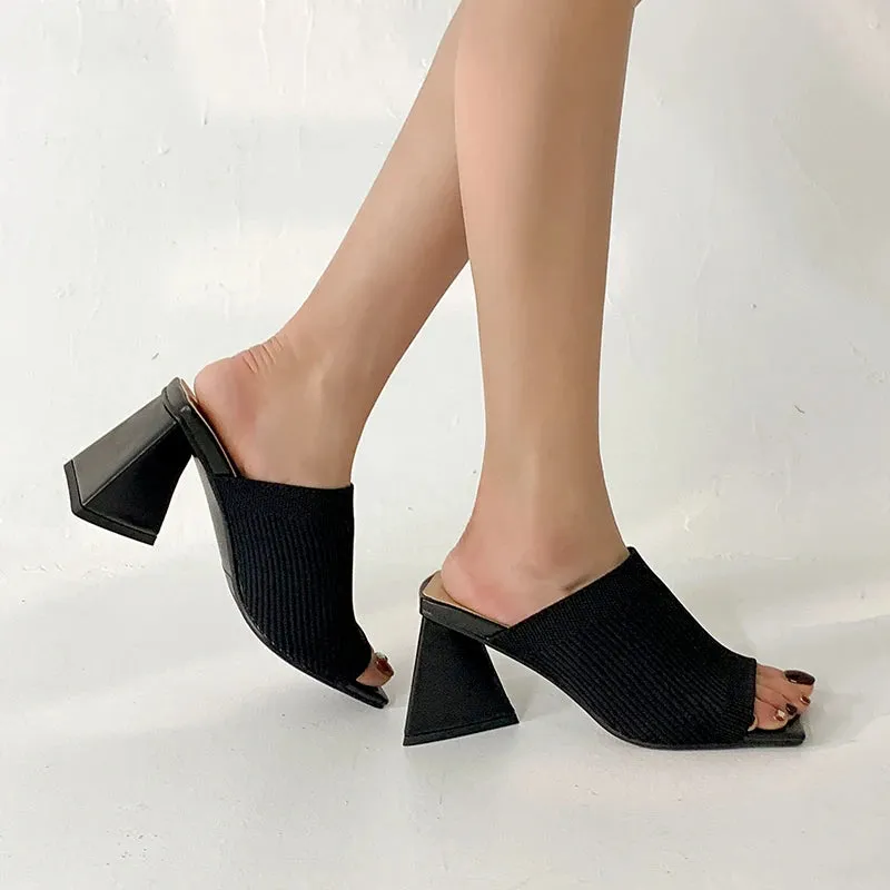 Knitted Fabric Square Toe High Heel Sandals