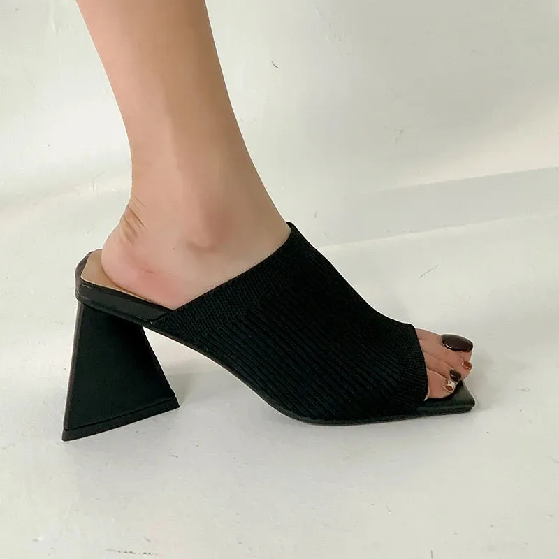 Knitted Fabric Square Toe High Heel Sandals