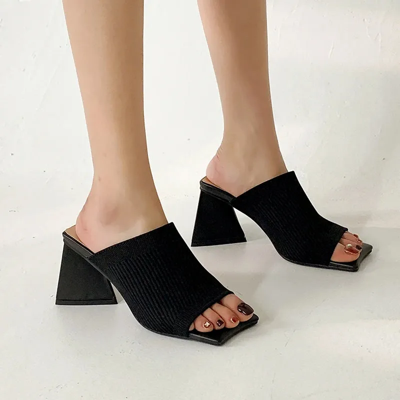 Knitted Fabric Square Toe High Heel Sandals