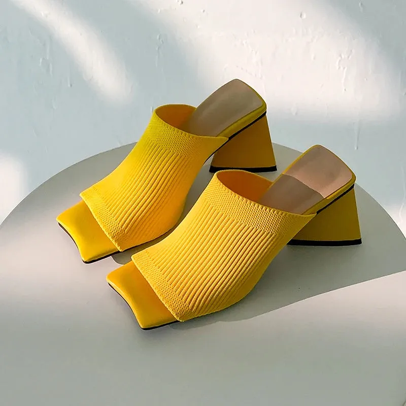 Knitted Fabric Square Toe High Heel Sandals