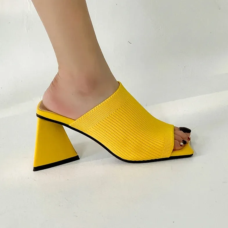 Knitted Fabric Square Toe High Heel Sandals