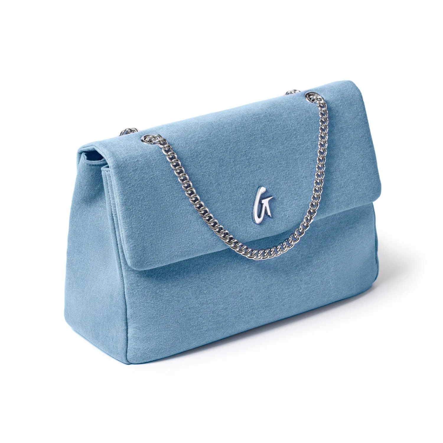 LARGE DENIM SILVER FLAP BAG