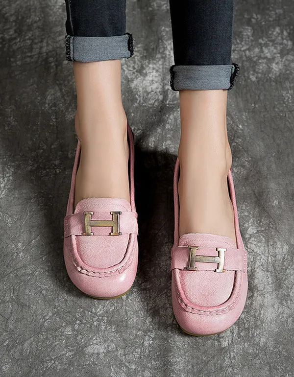 Leather Soft Round Toe H Flats Pink