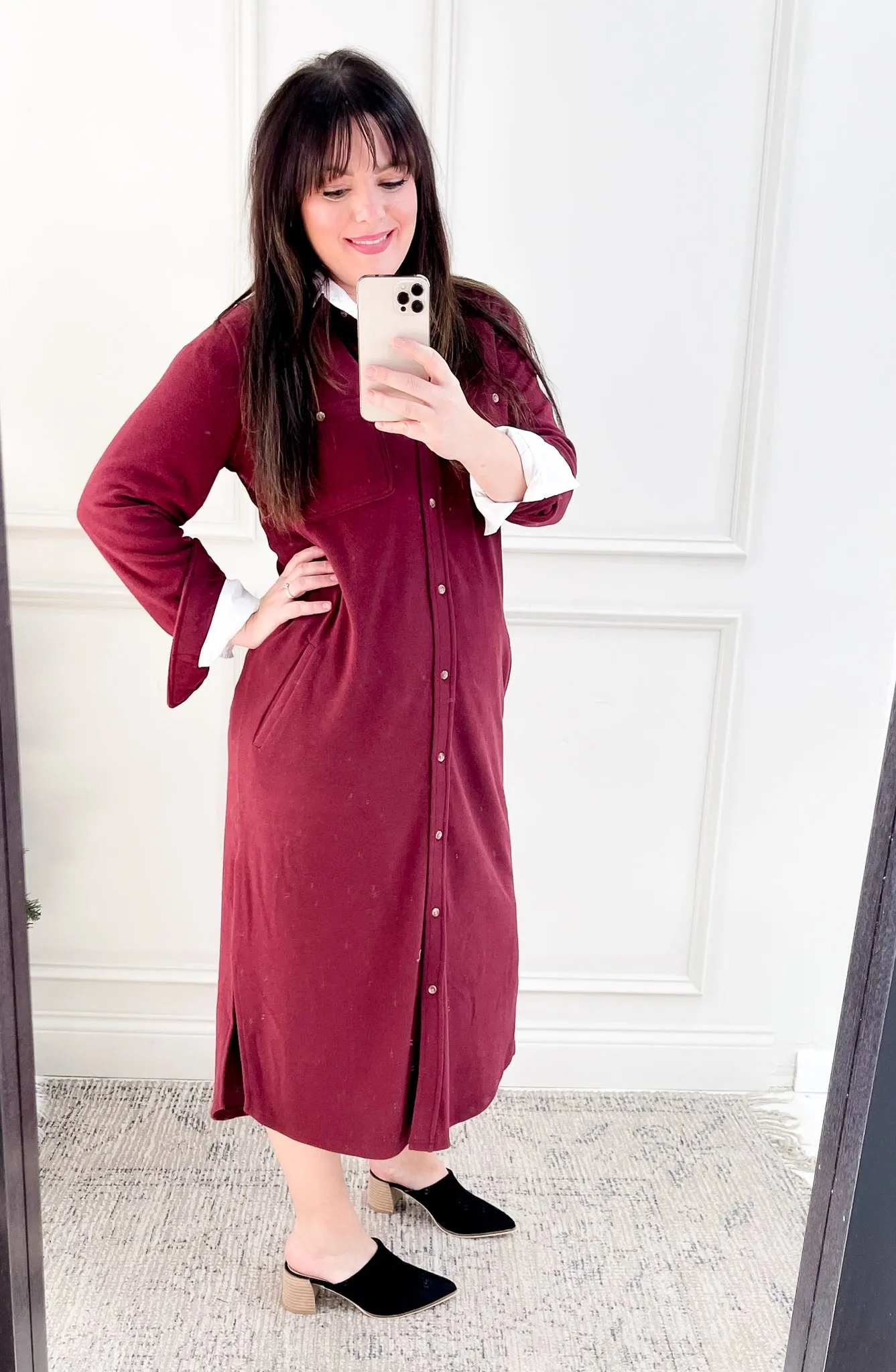 Long Sleeve Button Down Midi Shirt Dress