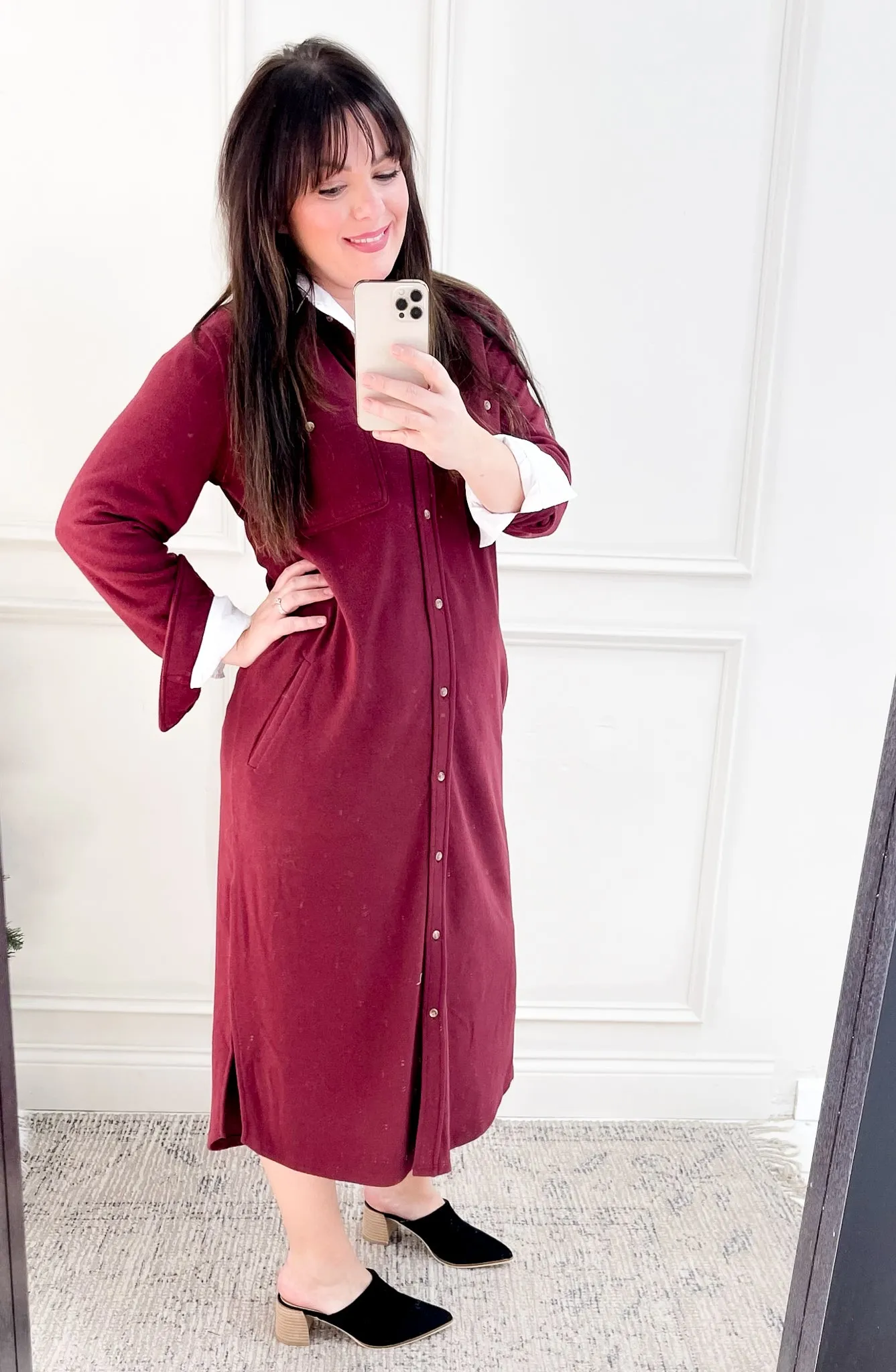 Long Sleeve Button Down Midi Shirt Dress