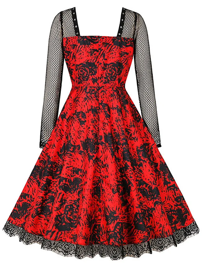 Long Sleeves Cocktail Dress Women's Vintage Floral High Waist A-Line Swing Dress