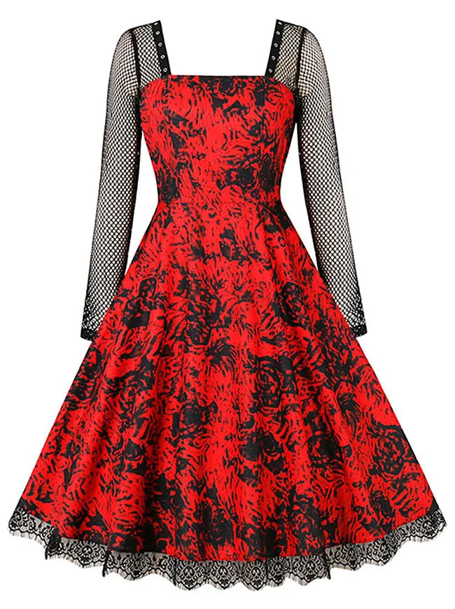 Long Sleeves Cocktail Dress Women's Vintage Floral High Waist A-Line Swing Dress