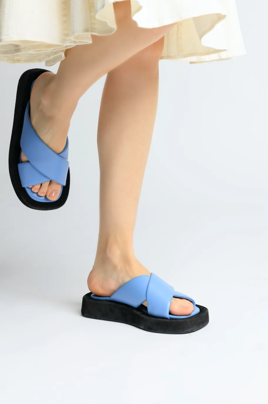 Luna Sky Blue Leather Flat Sandals