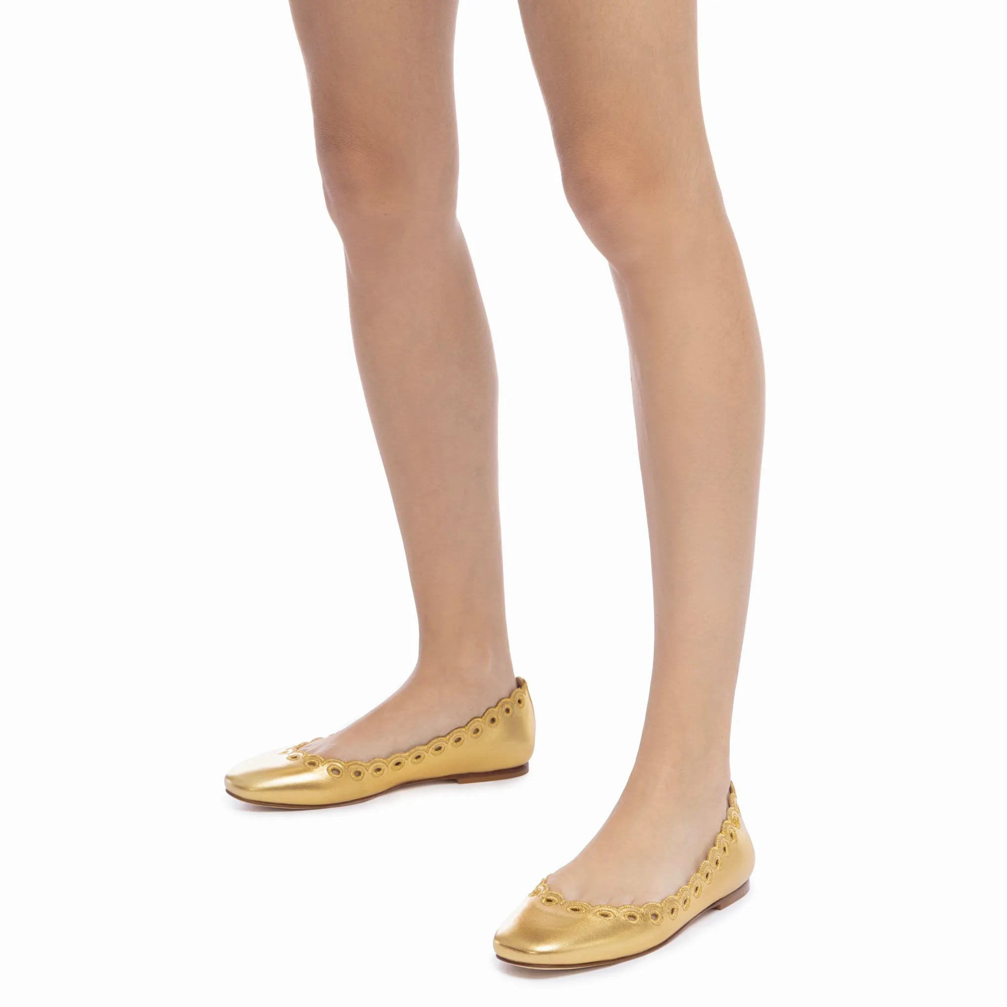 Meghan Broderie Flat In Gold Metallic Leather