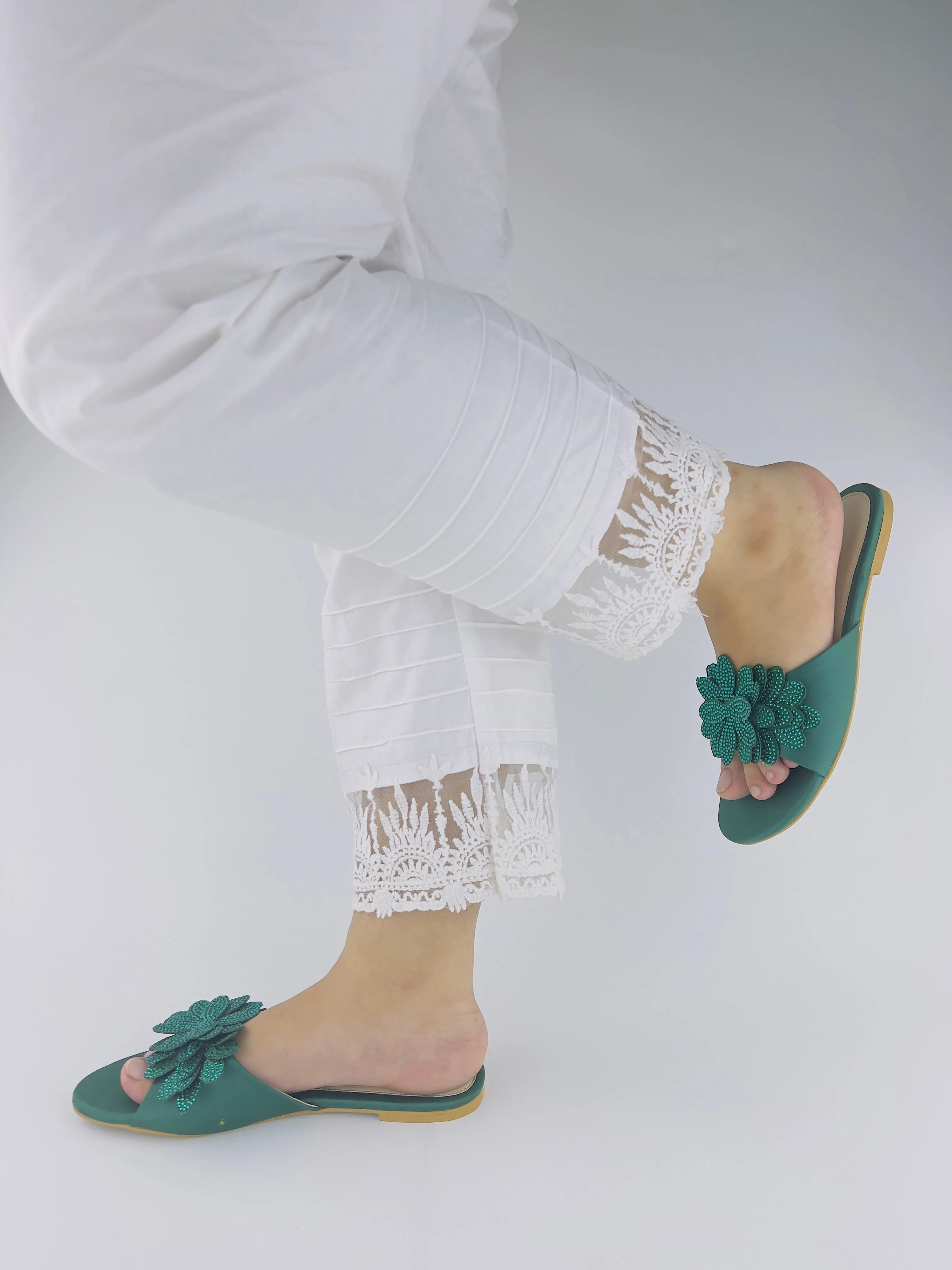 Melena Shiny Diamante Flower Green Flat Sliders