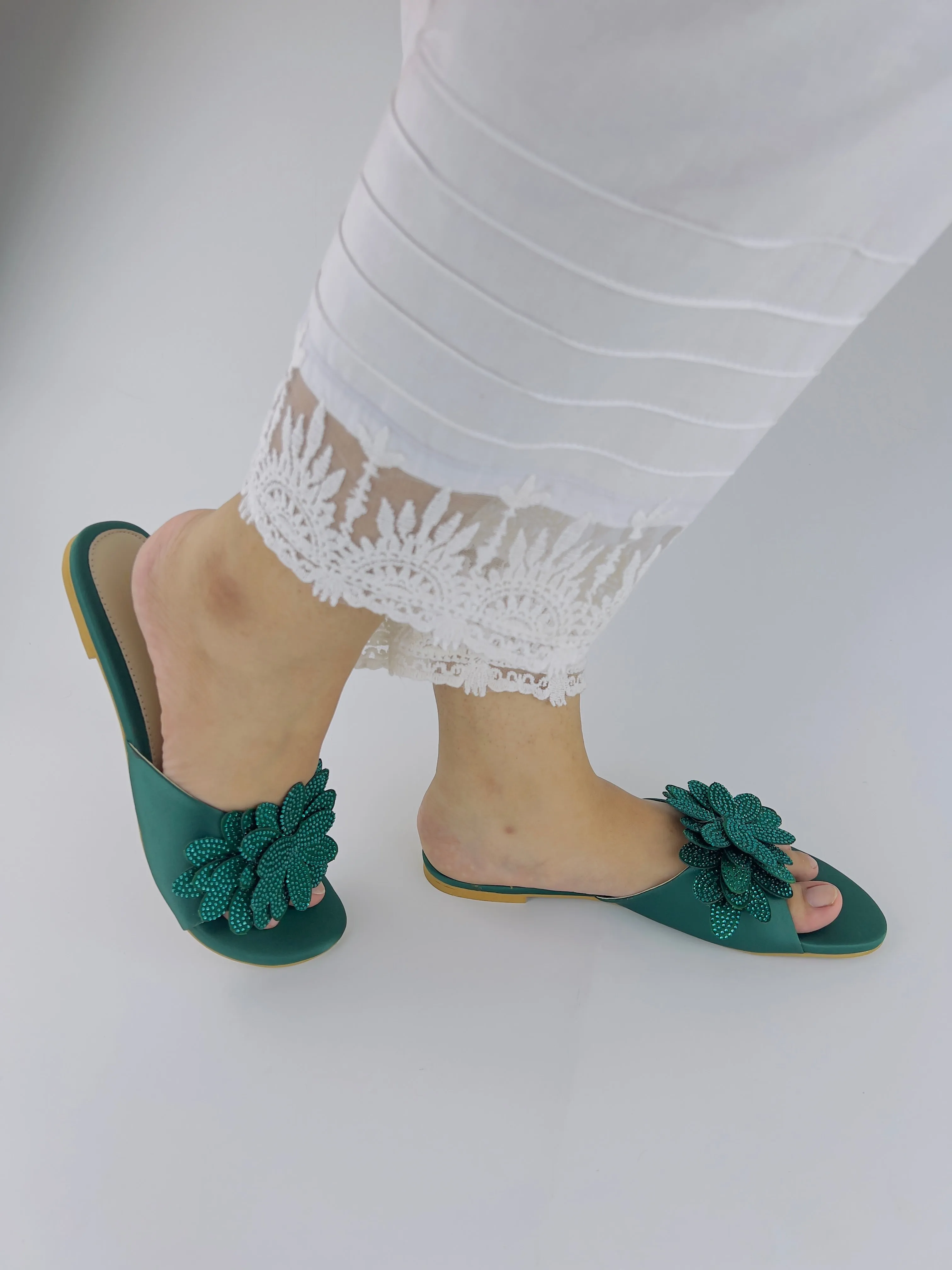 Melena Shiny Diamante Flower Green Flat Sliders