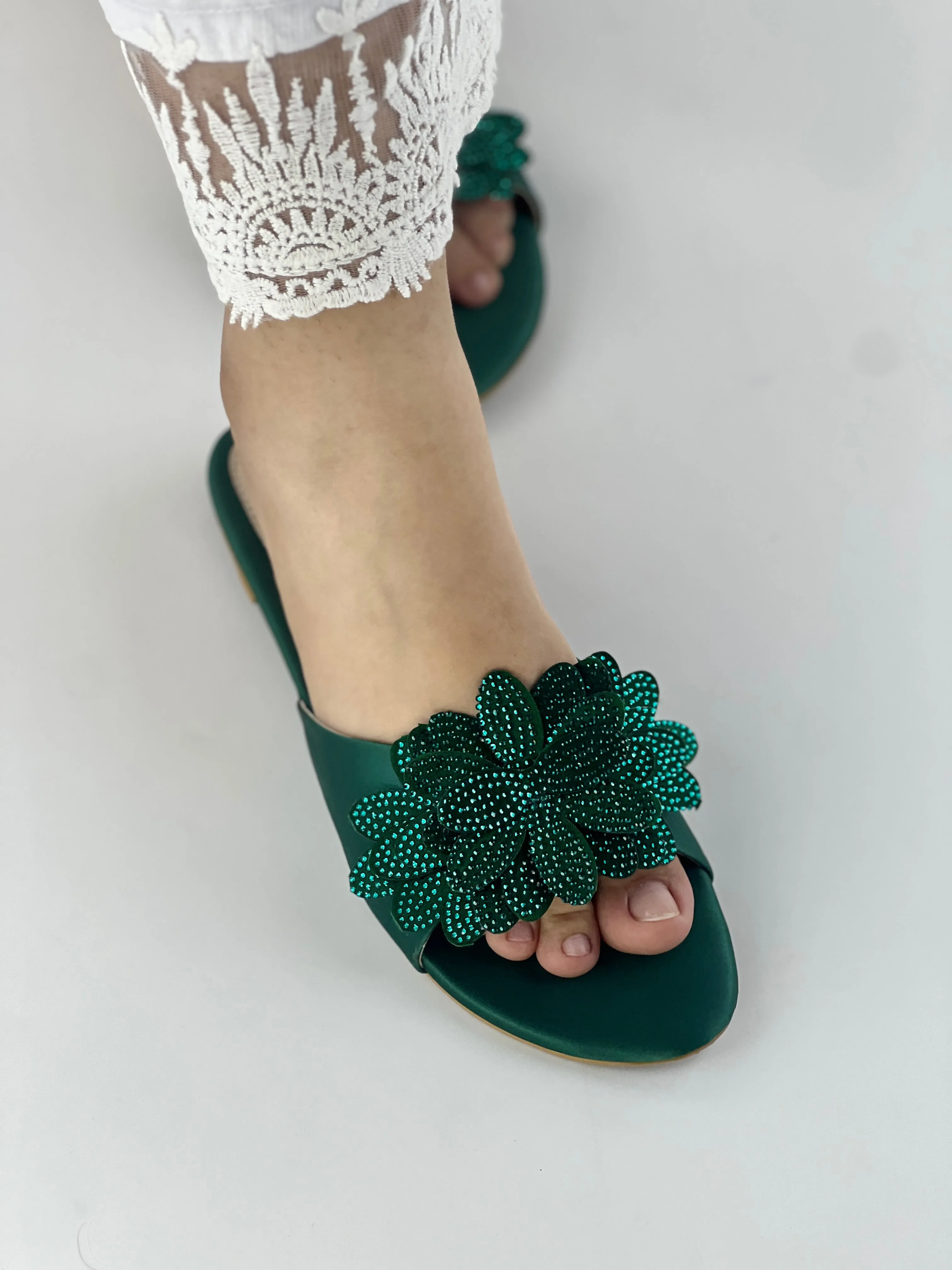 Melena Shiny Diamante Flower Green Flat Sliders