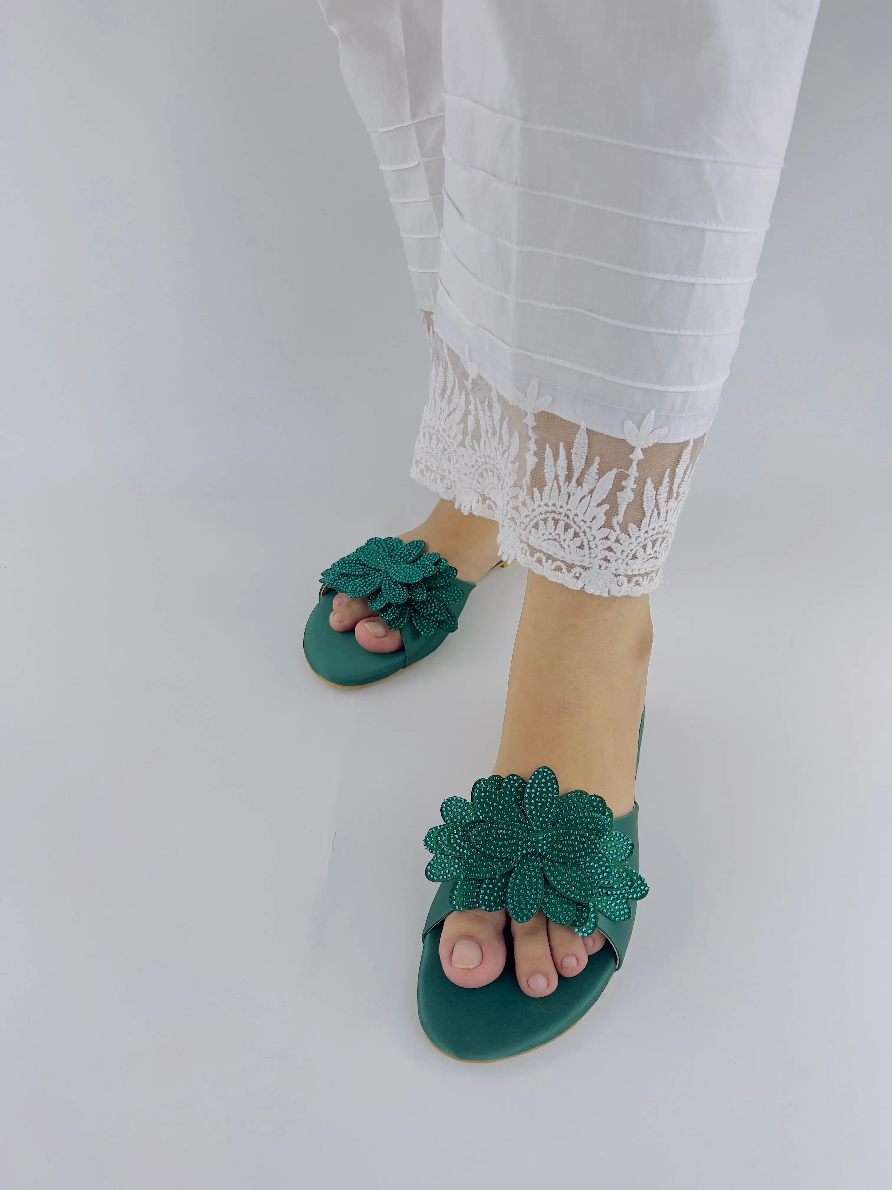 Melena Shiny Diamante Flower Green Flat Sliders