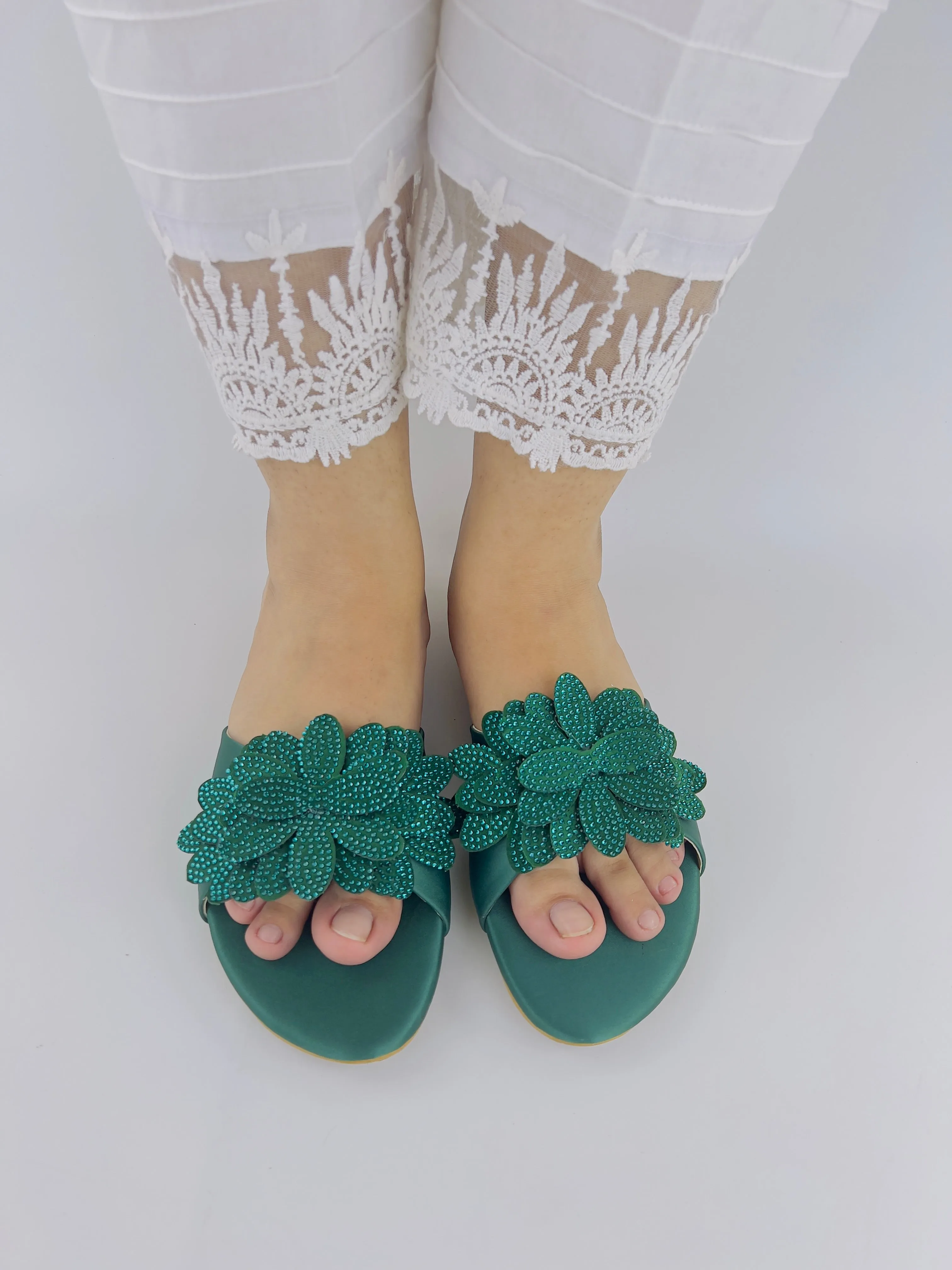 Melena Shiny Diamante Flower Green Flat Sliders