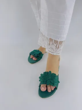 Melena Shiny Diamante Flower Green Flat Sliders