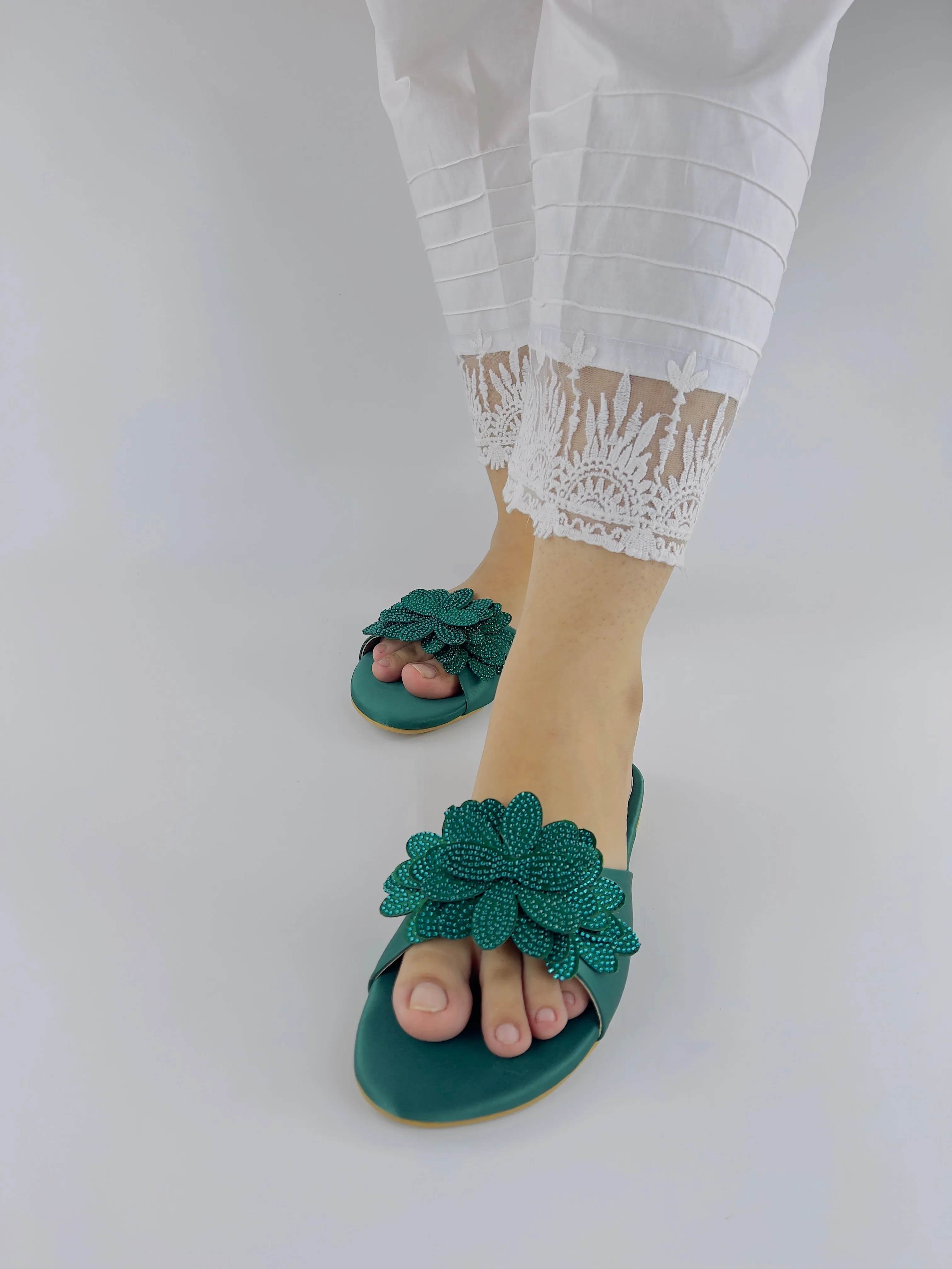 Melena Shiny Diamante Flower Green Flat Sliders