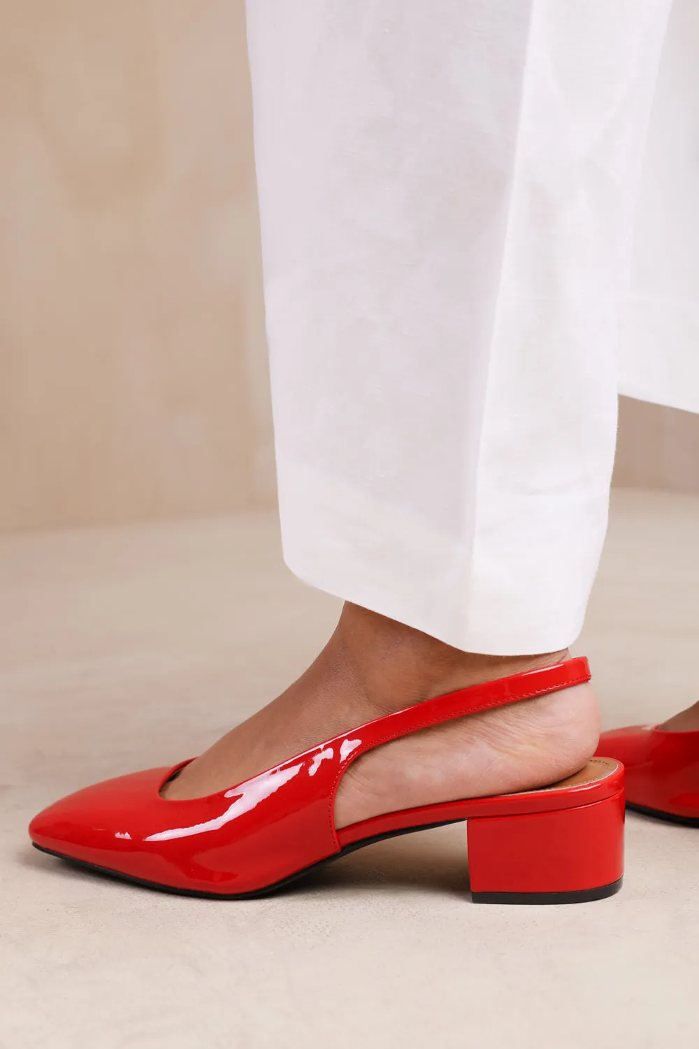 MICHIGAN SQUARE TOE SLING BACK LOW BLOCK HEELS IN RED PATENT