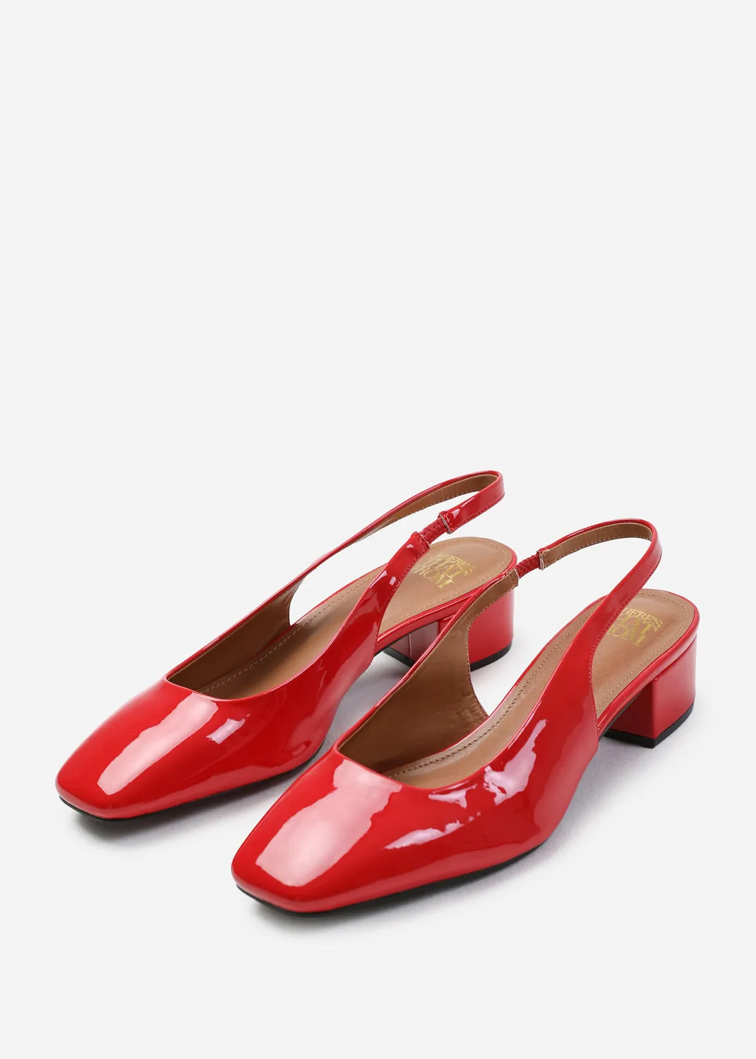 MICHIGAN SQUARE TOE SLING BACK LOW BLOCK HEELS IN RED PATENT