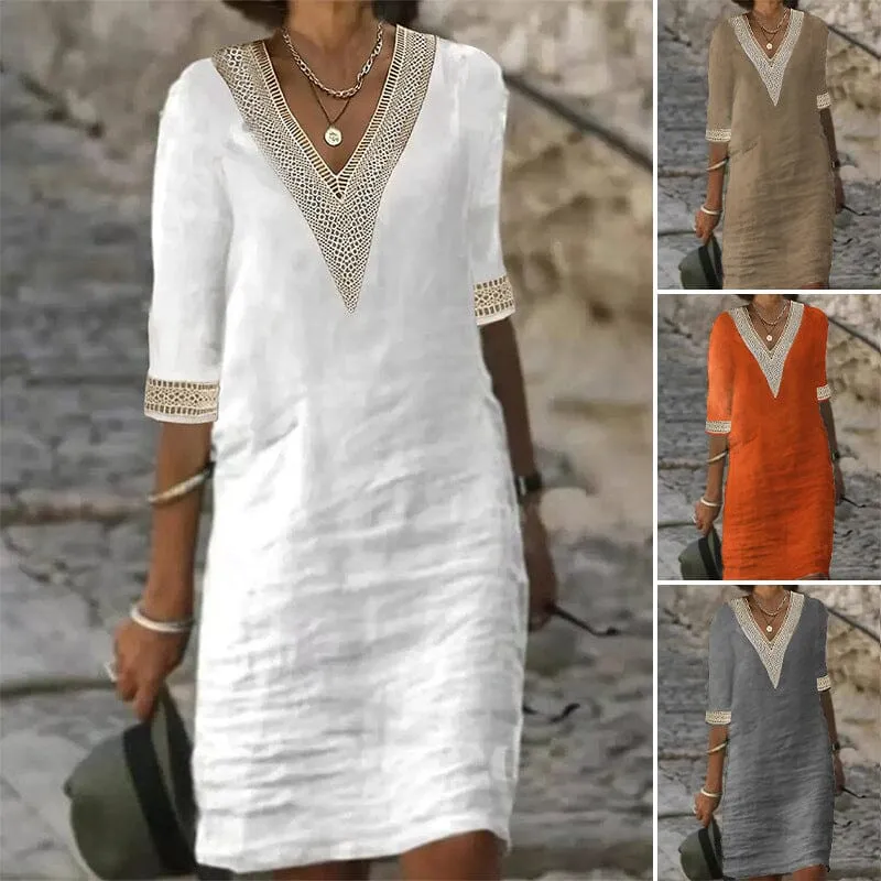 Middle Sleeve V Neck Cotton Linen Dress