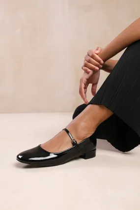 MINSK LOW HEEL WITH STRAP AND BUCKLE DETAIL IN BLACK PATENT