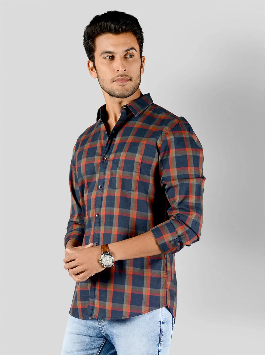 Navy Blue & Orange Checked Slim Fit Casual Shirt | JadeBlue