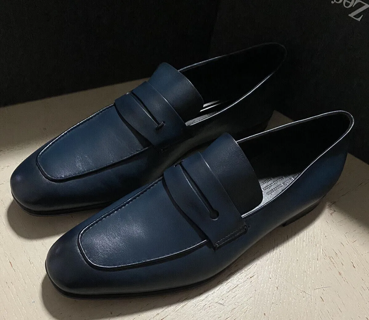 New $775 Ermenegildo Zegna Iconic Moccasin Leather Loafers Shoes MD Blue 10 US